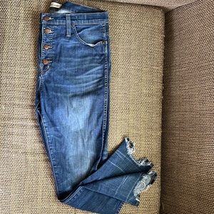 Madewell high riser skinny skinny jeans, chewed hem